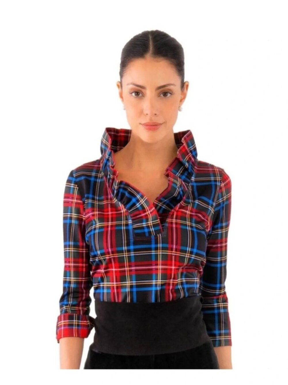 Gretchen Scott Ruffleneck Tunic - Stewart Plaid Black Multi Women's Large